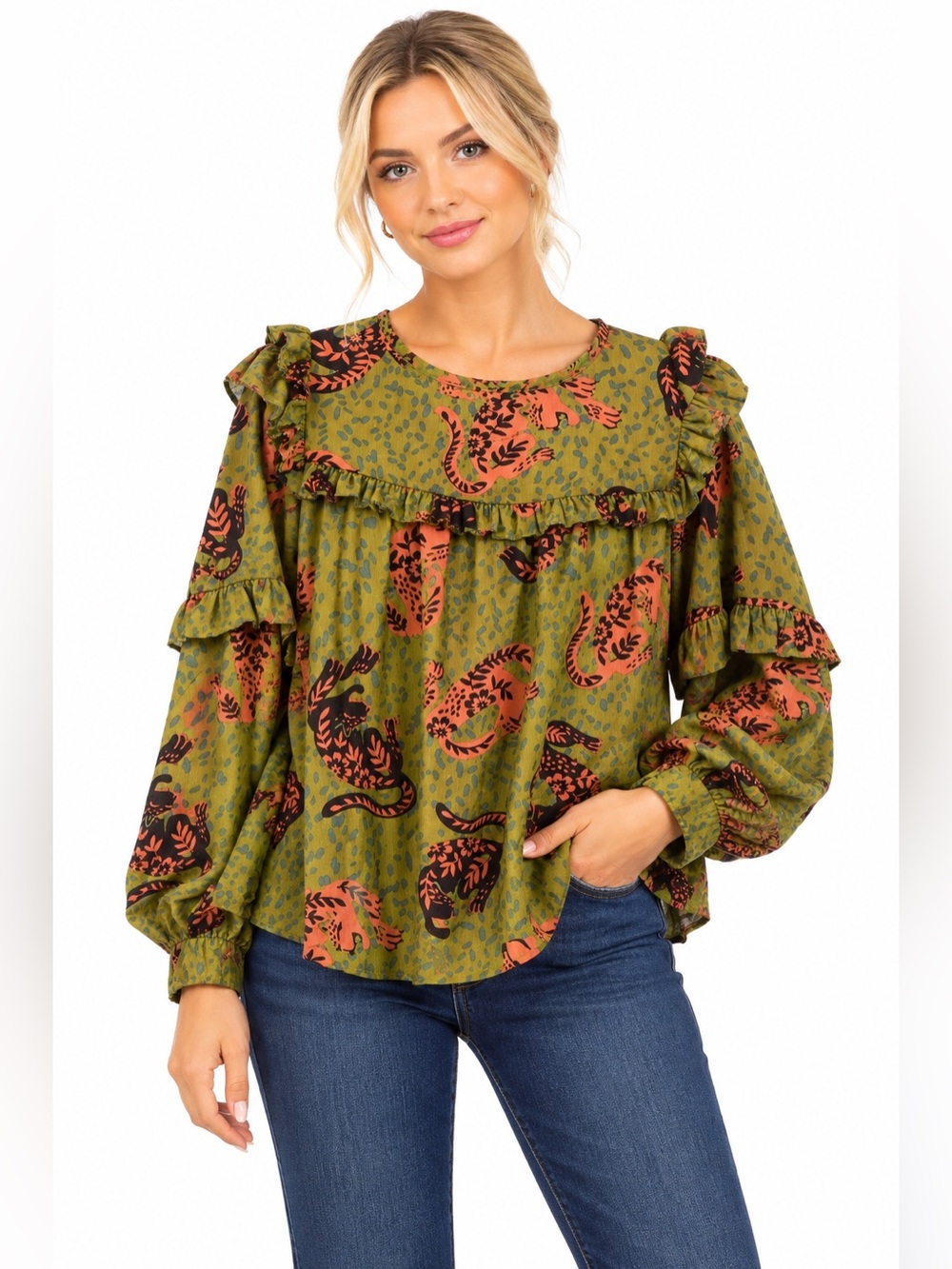 Olive Green Paisley Ruffle Blouse